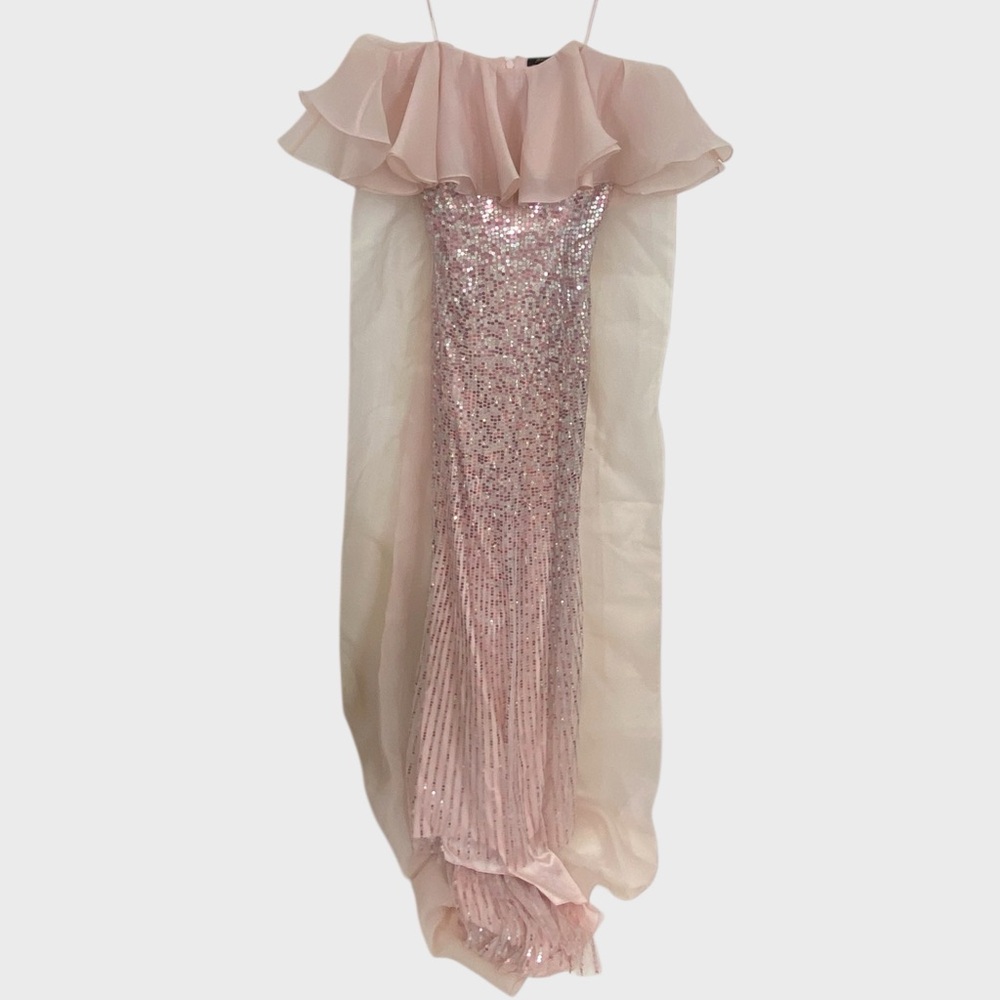 Jenny Packham NWT $6500 Pink Sequin Strapless Chiffon Gown Removable Cape - Picture 12 of 13